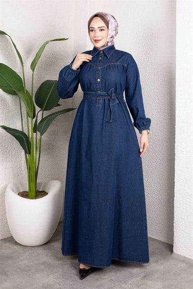 Kemerli Düğmeli Kot Elbise – Tesettür Denim Uzun Elbise Koyu Mavi