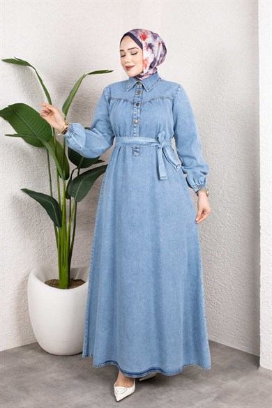 Kemerli Düğmeli Kot Elbise – Tesettür Denim Uzun Elbise Açık Mavi