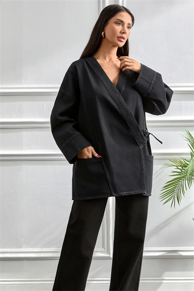 Kimono Kesim Ceket | Bağlamalı Cepli Oversize Model