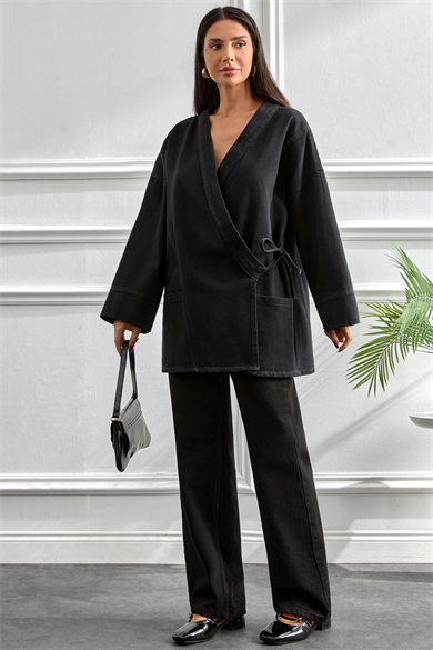 Kimono Kesim Ceket | Bağlamalı Cepli Oversize Model