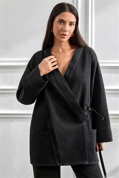 Kimono Kesim Ceket | Bağlamalı Cepli Oversize Model