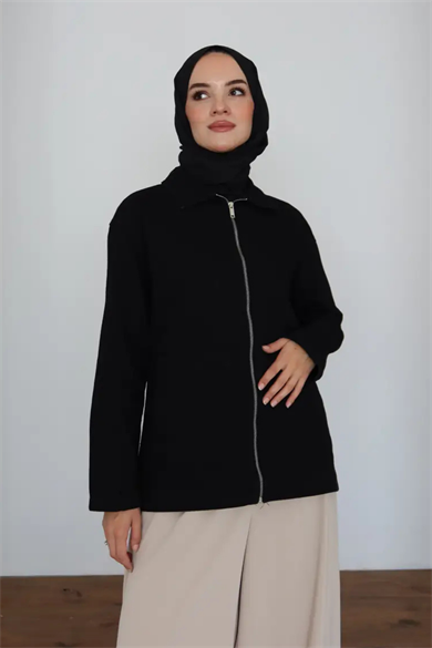 Kot Ceket | Siyah Cepli Fermuarlı Oversize Günlük Stil