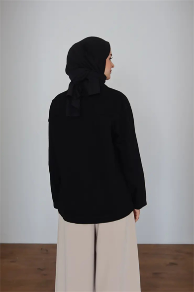 Kot Ceket | Siyah Cepli Fermuarlı Oversize Günlük Stil