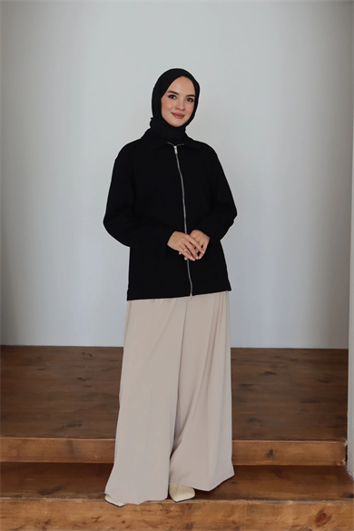 Kot Ceket | Siyah Cepli Fermuarlı Oversize Günlük Stil