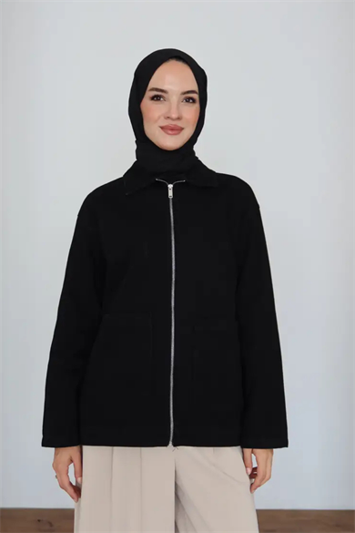 Kot Ceket | Siyah Cepli Fermuarlı Oversize Günlük Stil