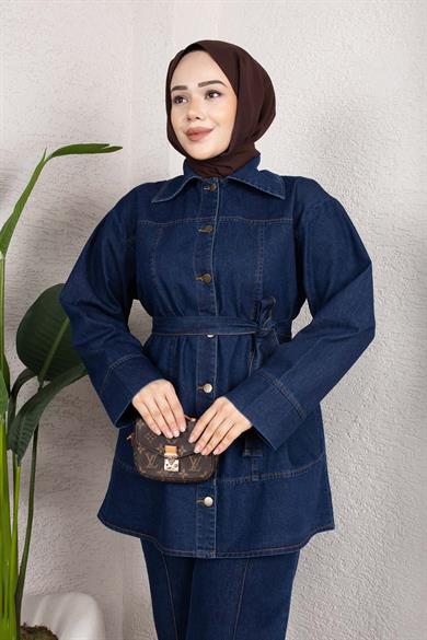 Kuşaklı Düğmeli Denim Takım – Rahat Kesim İkili Kombin Koyu Mavi