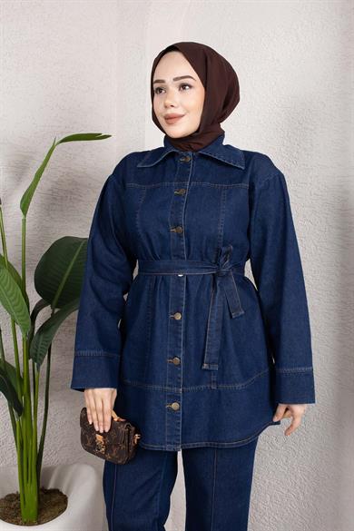 Kuşaklı Düğmeli Denim Takım – Rahat Kesim İkili Kombin Koyu Mavi