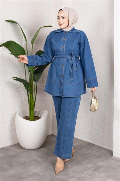 Kuşaklı Düğmeli Denim Takım – Rahat Kesim İkili Kombin Açık Mavi