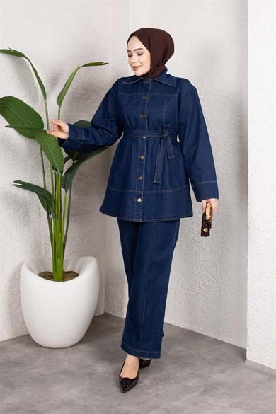 Kuşaklı Düğmeli Denim Takım – Rahat Kesim İkili Kombin Koyu Mavi