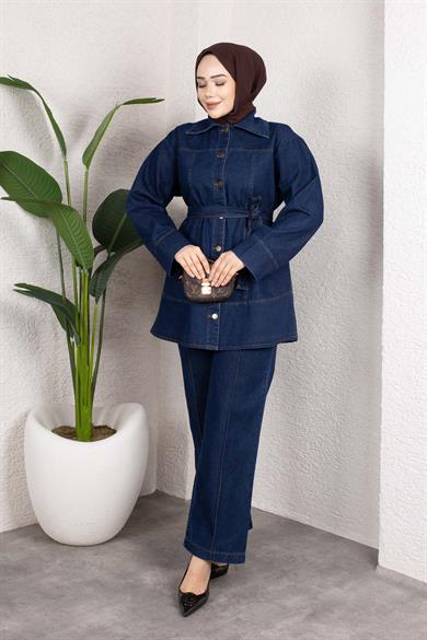 Kuşaklı Düğmeli Denim Takım – Rahat Kesim İkili Kombin Koyu Mavi