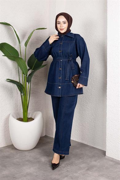 Kuşaklı Düğmeli Denim Takım – Rahat Kesim İkili Kombin Koyu Mavi