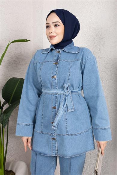 Kuşaklı Düğmeli Denim Takım – Rahat Kesim İkili Kombin Buz Mavisi