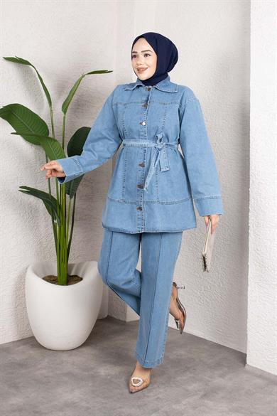 Kuşaklı Düğmeli Denim Takım – Rahat Kesim İkili Kombin Buz Mavisi