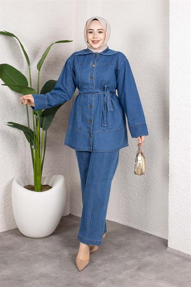 Kuşaklı Düğmeli Denim Takım – Rahat Kesim İkili Kombin Açık Mavi