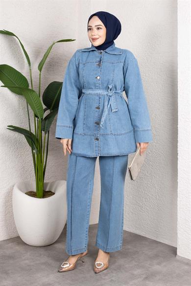 Kuşaklı Düğmeli Denim Takım – Rahat Kesim İkili Kombin Buz Mavisi