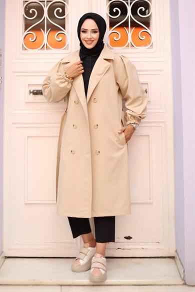 Omzu pileli Detaylı Trençkot  Bej 4429