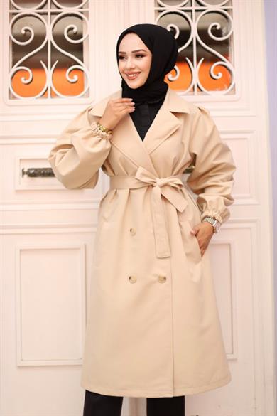 Omzu pileli Detaylı Trençkot  Bej 4429