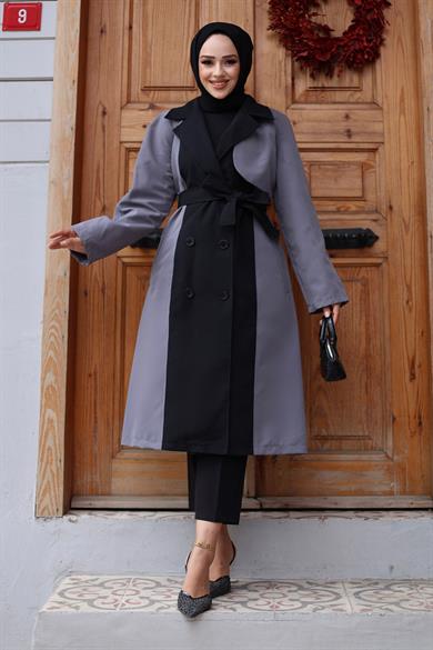 Önü Garnili  Trençkot  Gri 4434