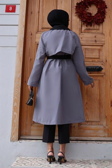 Önü Garnili  Trençkot  Gri 4434