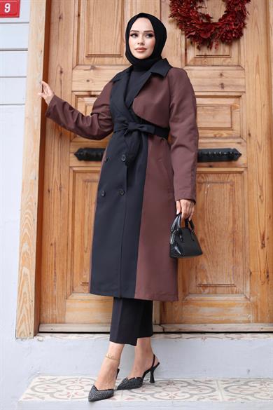 Önü  Garnili  Trençkot  Kahverengi 4434