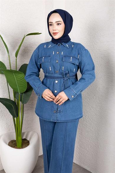 Taş Detaylı Kuşaklı Denim Tesettür Takım Açık Mavi