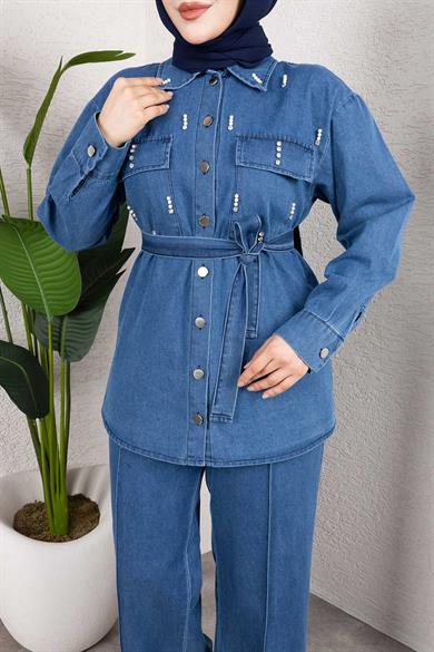 Taş Detaylı Kuşaklı Denim Tesettür Takım Açık Mavi