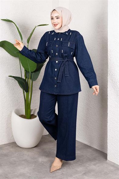 Taş Detaylı Kuşaklı Denim Tesettür Takım Koyu Mavi