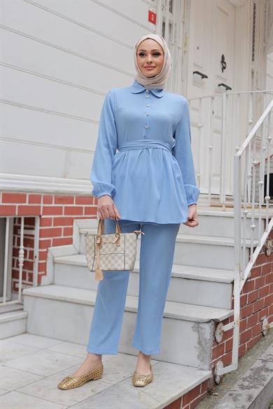 Taş Düğme Detaylı Takım Bebe Mavisi