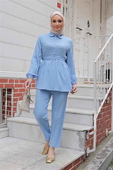 Taş Düğme Detaylı Takım Bebe Mavisi