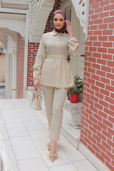 Taş Düğme Detaylı Takım Bej