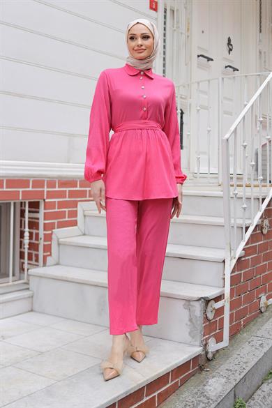 Taş Düğme Detaylı Takım Fuşya