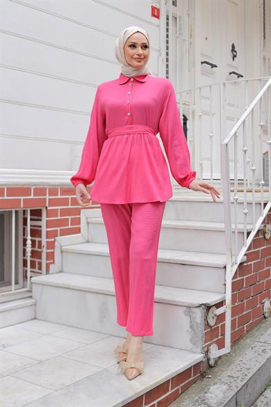 Taş Düğme Detaylı Takım Fuşya