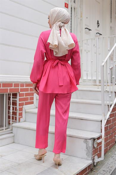 Taş Düğme Detaylı Takım Fuşya