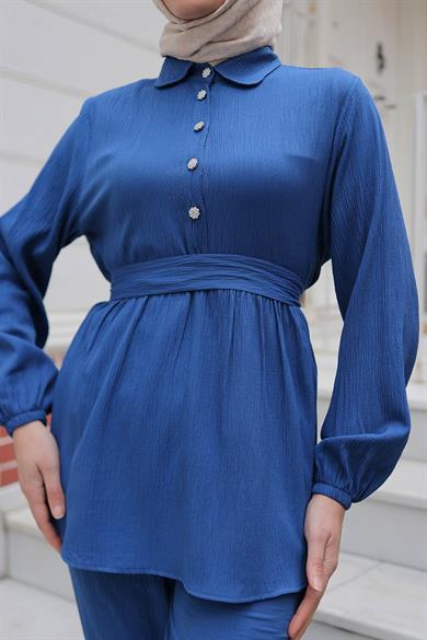 Taş Düğme Detaylı Takım İndigo