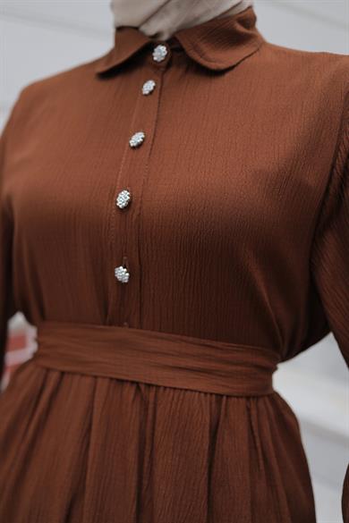 Taş Düğme Detaylı Takım Kahverengi