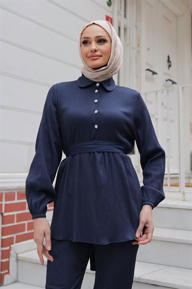 Taş Düğme Detaylı Takım Lacivert