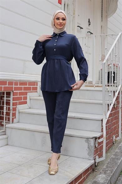 Taş Düğme Detaylı Takım Lacivert