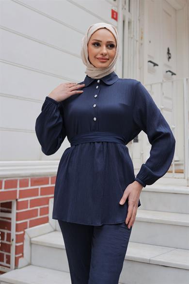 Taş Düğme Detaylı Takım Lacivert