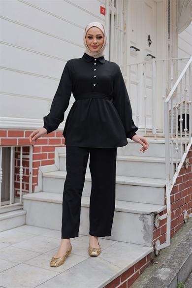 Taş Düğme Detaylı Takım Siyah