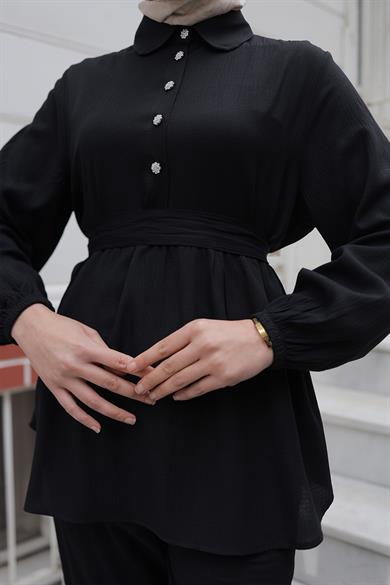 Taş Düğme Detaylı Takım Siyah