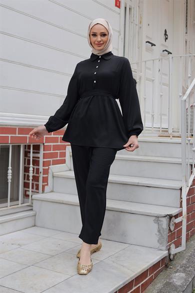 Taş Düğme Detaylı Takım Siyah