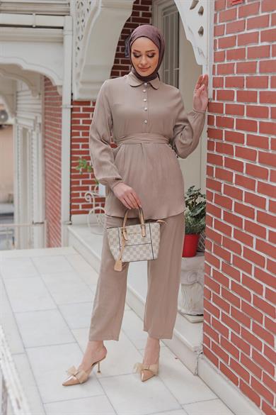 Taş Düğme Detaylı Takım Vizon