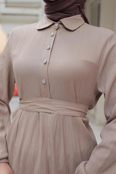 Taş Düğme Detaylı Takım Vizon