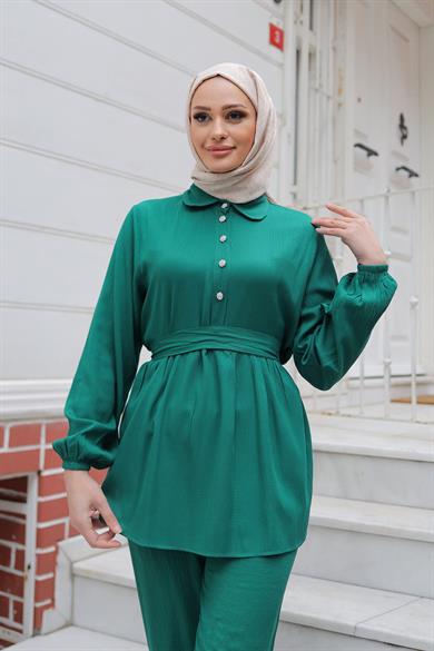 Taş Düğme Detaylı Takım Yeşil