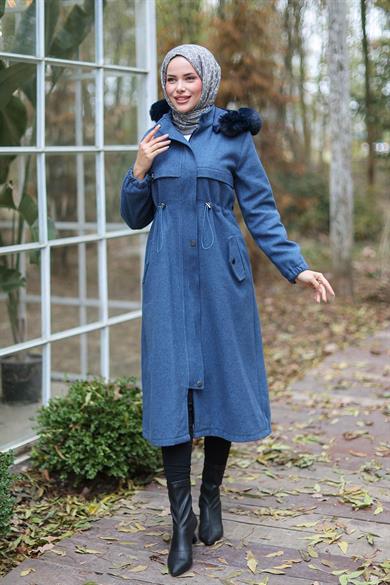 Tünel Detaylı Kaşe Kaban İndigo 1226