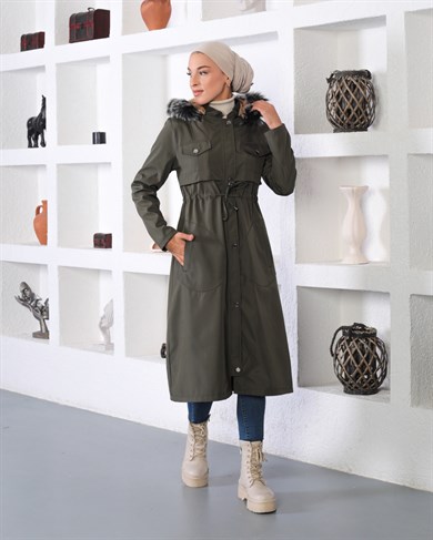 Tünel Detaylı Tesettür Haki Mont 