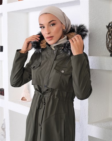 Tünel Detaylı Tesettür Haki Mont 