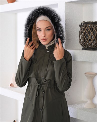 Tünel Detaylı Tesettür Haki Mont 