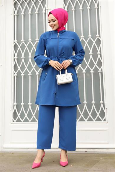 Tünel Detaylı Tesettür İndigo Takım 