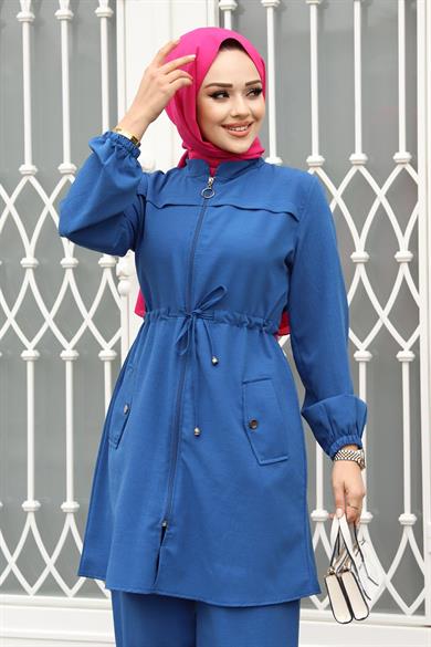 Tünel Detaylı Tesettür İndigo Takım 